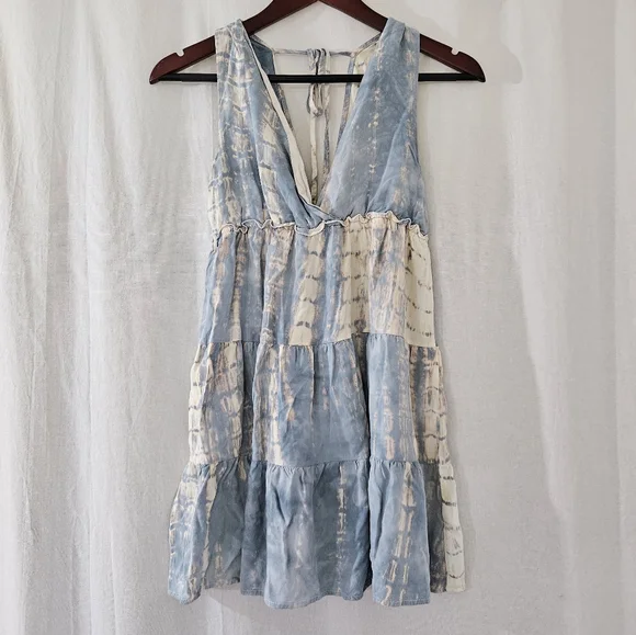 Millibon V-Neck Tie-Dye Tiered Mini Dress in Blue/Cream/Off-White Women’s Size S - Picture 4 of 7